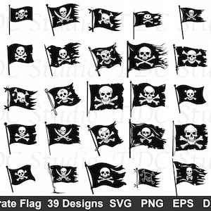 Pirate Flag SVG Bundle (39 Designs) - Jolly Roger PNG, Pirate Banner Silhouette, Skull and Crossbones Cut File, Nautical Flag Art