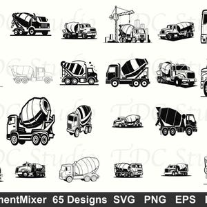 May include: A collection of 65 black and white illustrations of cement mixer trucks in various designs. The images include different styles of concrete mixers, some with detailed shading and others in a simple outline.