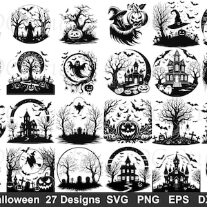 Puede incluir: Una colección de 27 diseños gráficos digitales en blanco y negro con temas de Halloween que incluyen fantasmas, calabazas, casas encantadas, cementerios, murciélagos y árboles desnudos. El texto en la parte inferior dice Halloween 27 Designs SVG PNG EPS DXF.