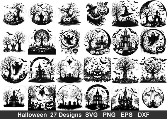 Halloween Landscape SVG Bundle (27 Designs) - Haunted House PNG, Spooky Scene Silhouette, Graveyard Ghost Cut File, Pumpkin Moon Art