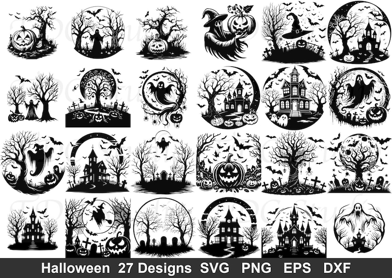 May include: A collection of 27 black and white digital graphic designs featuring Halloween themes including ghosts, jack-o'-lanterns, haunted houses, cemeteries, bats, and bare trees. The text at the bottom reads Halloween 27 Designs SVG PNG EPS DXF.