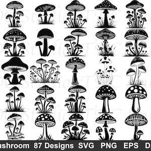 May include: A collection of 87 black and white mushroom designs in various styles. The image includes different types of mushrooms, some with dotted caps, and others with detailed gills. The text at the bottom reads "Mushroom 87 Designs SVG PNG EPS DXF."