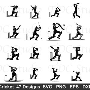 Puede incluir: Un conjunto de 27 diseños de cricket en blanco y negro. Cada diseño muestra una silueta de un jugador de cricket en acción, como batear, lanzar y fildear. La imagen incluye el texto "Cricket 47 Designs" en la parte inferior.