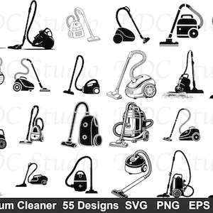 May include: A collection of 20 vacuum cleaner designs in black and white. The designs include upright, canister, and handheld models, with various hose and nozzle configurations. The text "Vacuum Cleaner 55 Designs" is at the bottom.