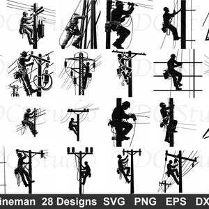 Linjearbetare SVG-paket (28 designer) - elarbetare PNG, kraftledningssilhuett, elektrikerklippfil, linjearbetares frugåva