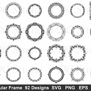 Paquete de archivos SVG de marcos circulares (92 diseños): marco redondo para monograma en formato PNG, borde circular vintage, mandala de anillo hueco, archivo de corte para medallas ornamentadas.