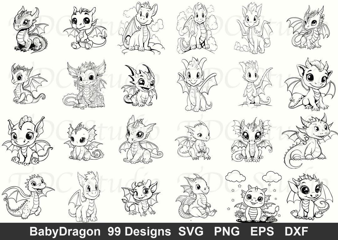 Baby Dragon SVG Bundle (99 Designs) Cricut Outline Cute Fantasy Clipart ...