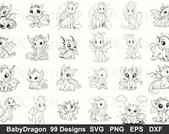 May include: A collection of 24 black and white illustrations of baby dragons in various poses. The dragons have wings, horns, and cute expressions. The image includes the text "BabyDragon 99 Designs SVG PNG EPS DXF".