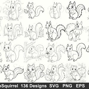 Puede incluir: Colección de ilustraciones en blanco y negro de ardillas en varias poses. Algunas ardillas sostienen bellotas o están sentadas en ramas. El texto "CuteSquirrel 136 Designs SVG PNG EPS DXF" está en la parte inferior.