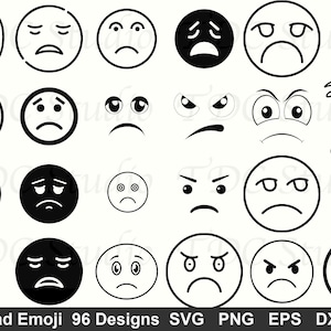 Pode incluir: Uma coleção de 24 designs de emoji tristes em preto e branco. Os emojis retratam várias expressões de tristeza, raiva e frustração. A imagem inclui o texto "Sad Emoji 96 Designs SVG PNG EPS DXF".