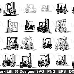May include: Collection of 55 forklift designs in black and white. The image includes various styles of forklifts, from simple silhouettes to detailed illustrations. Text at the bottom reads "Fork Lift 55 Designs SVG PNG EPS DXF".
