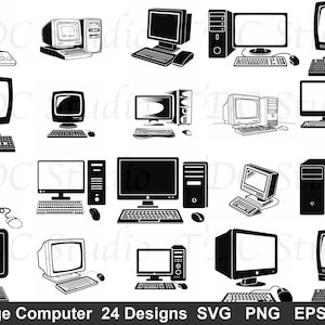 May include: Black and white line art illustrations of vintage computers. The image features 24 different designs of desktop computers, monitors, keyboards, and mice. The text at the bottom reads "Vintage Computer 24 Designs SVG PNG EPS DXF".