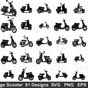 May include: A selection of 81 black vintage scooter designs in diverse styles. The image includes SVG, PNG, EPS, and DXF file formats. These designs are ideal for crafting, graphic design, and retro-themed projects.