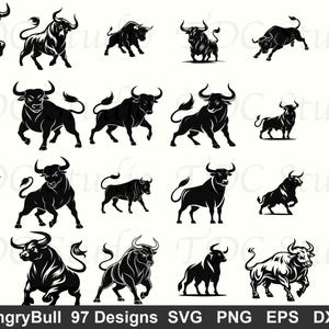 Puede incluir: Una colección de ilustraciones de toros en blanco y negro en varias poses, incluyendo carga, de pie y encabritado. La imagen incluye el texto "AngryBull 97 Designs SVG PNG EPS DXF".