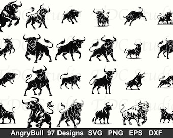 97 Angry Bull SVG Bundle Charging Bull Silhouette PNG, Rodeo Cut File, Texas Mascot Art Cricut Laser | Commercial Use