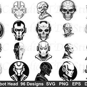 Humanoid Robot Face SVG Bundle (96 Designs) - Cyborg Head Android Silhouette PNG Cyberpunk Robot Cut File Mechanical Skull Art Futuristic AI