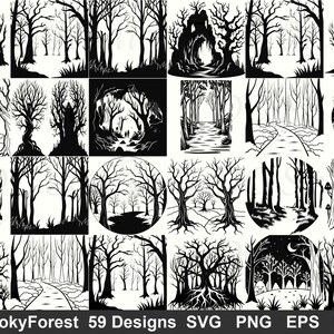 May include: A collection of 59 spooky forest designs in black and white. The designs include various scenes of bare trees, pathways, and forest landscapes. The text "SpookyForest" and file type abbreviations are at the bottom.