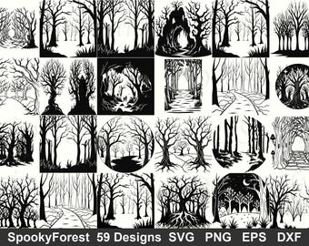 Haunted Woods SVG Bundle (59 Designs) - Spooky Forest Scary Wilderness Cut File, Gothic Tree Art Commercial Use