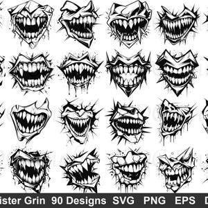 May include: A collection of 20 black and white illustrations of menacing grins with sharp teeth. Each design features a unique, jagged mouth with varying shapes and styles. The text "Sinister Grin 90 Designs" is at the bottom.