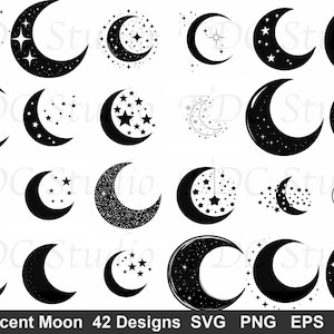 Puede incluir: Una colección de diseños de luna creciente negros con estrellas. Los diseños varían, con lunas con cúmulos de estrellas, estrellas individuales y texturas punteadas. La imagen incluye el texto "Crescent Moon 42 Designs SVG PNG EPS DXF".