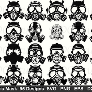 Può includere: Una collezione di 25 design di maschere antigas in bianco e nero. L'immagine include il testo "Gas Mask 95 Designs" insieme agli indicatori di tipo di file: SVG, PNG, EPS e DXF. Le maschere variano nello stile.