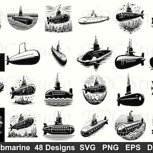 Peut inclure: Ensemble de dessins de sous-marins en noir et blanc. L'image présente plusieurs illustrations de sous-marins, certains avec des éléments aquatiques. Le texte en bas indique "Submarine 48 Designs SVG PNG EPS DXF."