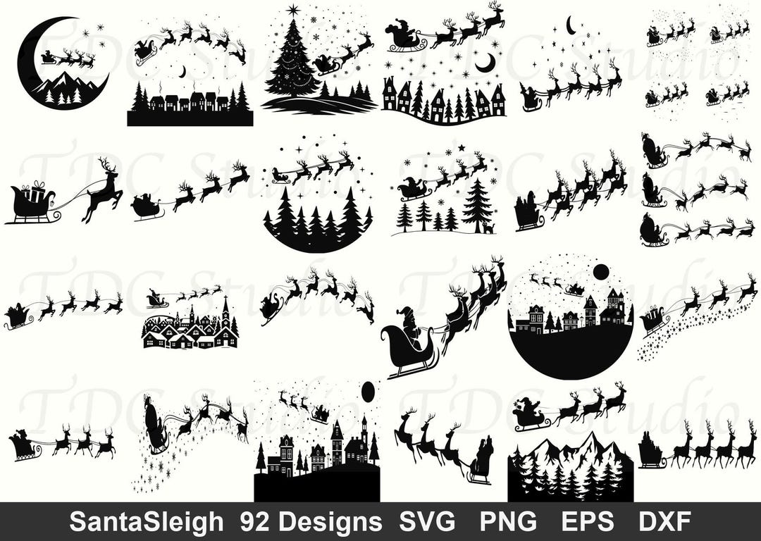 Santa Sleigh SVG Bundle | 92 Christmas Silhouette Designs | Reindeer ...