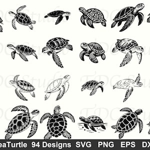 Puede incluir: Veinte diseños de tortugas marinas en blanco y negro, con patrones detallados en el caparazón y aletas. El texto "SeaTurtle 94 Designs SVG PNG EPS DXF" se encuentra en la parte inferior de la imagen.
