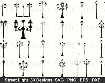 Pacchetto SVG di lampioni (83 design) - Lampione vittoriano PNG, Silhouette di lampione d'epoca, File di taglio per parco cittadino, Decorazione della città vecchia