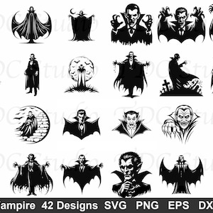 May include: A collection of 42 black and white vampire designs in various poses and styles. The images include vampires with capes, fangs, and bat wings. The text at the bottom reads "Vampire 42 Designs SVG PNG EPS DXF".