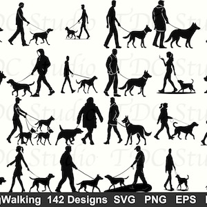 Può includere: Illustrazioni in silhouette nera di persone che portano a passeggio cani di varie razze. L'immagine include diversi disegni di persone e cani, con il testo "DogWalking 142 Designs" in basso.