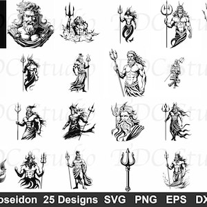 Könnte beinhalten: Schwarz-Weiß-Illustrationen von Poseidon, dem griechischen Meeresgott, mit einem Dreizack. Die Sammlung zeigt verschiedene Darstellungen von Poseidon in unterschiedlichen Posen und Stilen, mit dem Text "Poseidon 25 Designs" unten.
