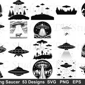 Può includere: Una collezione di 53 illustrazioni in bianco e nero di dischi volanti, UFO e immagini correlate. I disegni includono rappresentazioni di rapimenti alieni, incontri con Bigfoot e paesaggi con UFO. L'immagine include il testo "Flying Saucer 53 Designs SVG PNG EPS DXF".