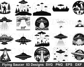53 UFO SVG-bundel - vliegende schotel clipart, Alien ontvoering silhouet, Bigfoot UFO gesneden bestand, Sci-Fi-kunst, retro ruimteafbeelding