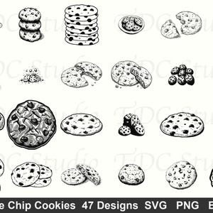 Può includere: Illustrazioni in bianco e nero di biscotti con gocce di cioccolato in varie disposizioni. L'immagine include pile, biscotti singoli e biscotti rotti, tutti con gocce di cioccolato visibili. Una collezione di design di biscotti.