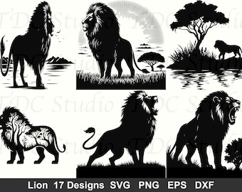 Lion SVG Bundle | 17 Lion Silhouette & Clipart Designs | Safari Jungle Animal SVG PNG Dxf Eps | Lion Roaring Cut Files Cricut Commercial Use