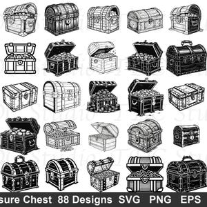 May include: A collection of 30 black and white illustrations of treasure chests. The chests vary in size and design, some open and filled with coins. The image includes the text "Treasure Chest 88 Designs SVG PNG EPS DXF".