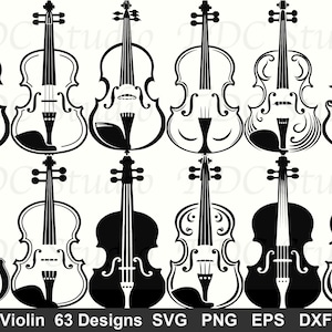 Puede incluir: Una colección de ilustraciones de violines en blanco y negro con varios diseños. La imagen incluye el texto "Violin 63 Designs SVG PNG EPS DXF". Los violines se representan en un estilo minimalista, adecuado para proyectos musicales o artísticos.