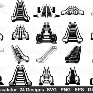 May include: A collection of twenty-four black and white vector illustrations depicting various escalator designs from multiple angles, including side profiles, front-facing views, and isometric perspectives, showcasing different stair configurations.
