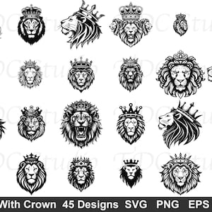 May include: A collection of twenty-three black and white digital illustrations featuring lions wearing crowns in various poses and styles, including front-facing and profile views, with the text Lion With Crown 45 Designs SVG PNG EPS DXF.