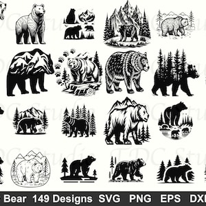 Puede incluir: Una colección de diseños de osos pardos en blanco y negro en varias poses y entornos. Los diseños incluyen osos en bosques y montañas. El texto "Grizzly Bear 149 Designs" está en la parte inferior.