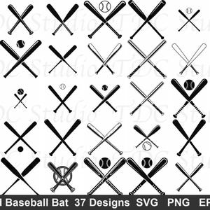 Może przedstawiać: Kolekcja 37 czarno-białych wzorów skrzyżowanych kijów baseballowych. Niektóre projekty zawierają piłki do baseballu. Obraz zawiera tekst "Crossed Baseball Bat 37 Designs SVG PNG EPS DXF".