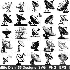 Peut inclure: Une collection de 55 modèles de paraboles en noir et blanc. L'image présente différents styles de paraboles, certains avec des ondes de signal. Le texte "Satellite Dish 55 Designs" est affiché en bas.