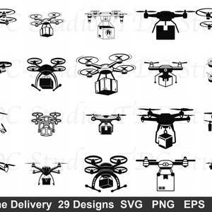 May include: Black and white illustrations of delivery drones carrying packages. The image includes various drone designs, some with boxes and others with different cargo containers. The text "Drone Delivery 29 Designs" is at the bottom.
