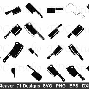 SVG-bundel slagersmes (71 ontwerpen) - hakmes PNG, vleeshakmolen silhouet, chef-koksmes gesneden bestand, keukenbijl kunst, logo slagerij