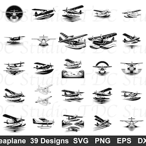 以下が含まれることがあります： さまざまなスタイルの39種類の白黒水上飛行機のデザインのコレクション。デザインには、水上飛行機、飛行中の水上飛行機、様式化されたイラストが含まれます。下部のテキストは「Seaplane 39 Designs SVG PNG EPS DXF」と表示されています。
