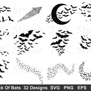 May include: A collection of 32 black silhouette designs featuring various arrangements of flying bats, including swarms, clusters, and a crescent moon motif. The bottom text reads Flock Of Bats 32 Designs SVG PNG EPS DXF.