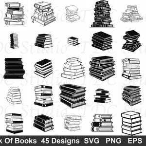 Puede incluir: Una colección de cuarenta y cinco ilustraciones digitales en blanco y negro que muestran varias pilas de libros en diferentes disposiciones y estilos. La imagen incluye el texto en la parte inferior Stack Of Books 45 Designs SVG PNG EPS DXF.