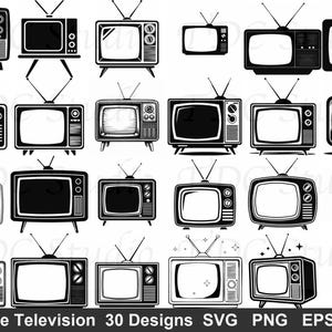 Puede incluir: Una colección de 30 diseños de televisores vintage en blanco y negro. Los televisores varían en estilo, con diferentes formas, antenas y arreglos de botones. La imagen incluye el texto "Vintage Television 30 Designs SVG PNG EPS DXF".