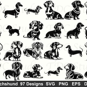 Peut inclure: Plusieurs illustrations de chiens teckel en noir et blanc, dans diverses poses. L'image présente de nombreux modèles de teckels, parfaits pour les projets d'art numérique. Le texte en bas indique "Dachshund 97 Designs SVG PNG EPS DXF".